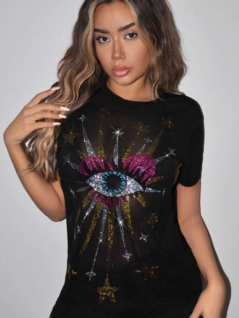 Black Sheer Rhinestone Eye Graphic Mesh Top | Women's Size Large